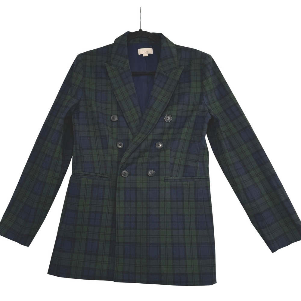 LOFT Womens Black Watch Plaid Double Breasted Blazer Blue Green Size 6 755754
